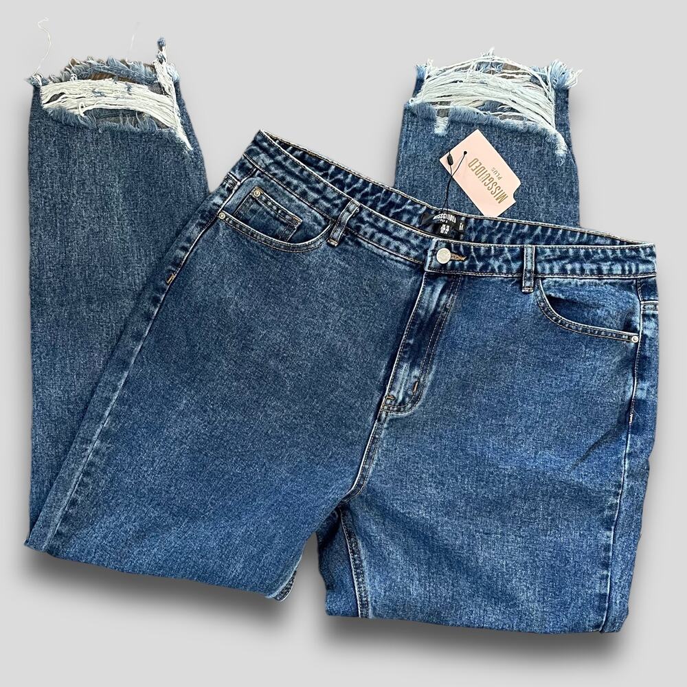 MISSGUIDED WOMENS JEANS HIGH RISE SKINNY DISTRESSED ACID WASH BLUE JEANS 14